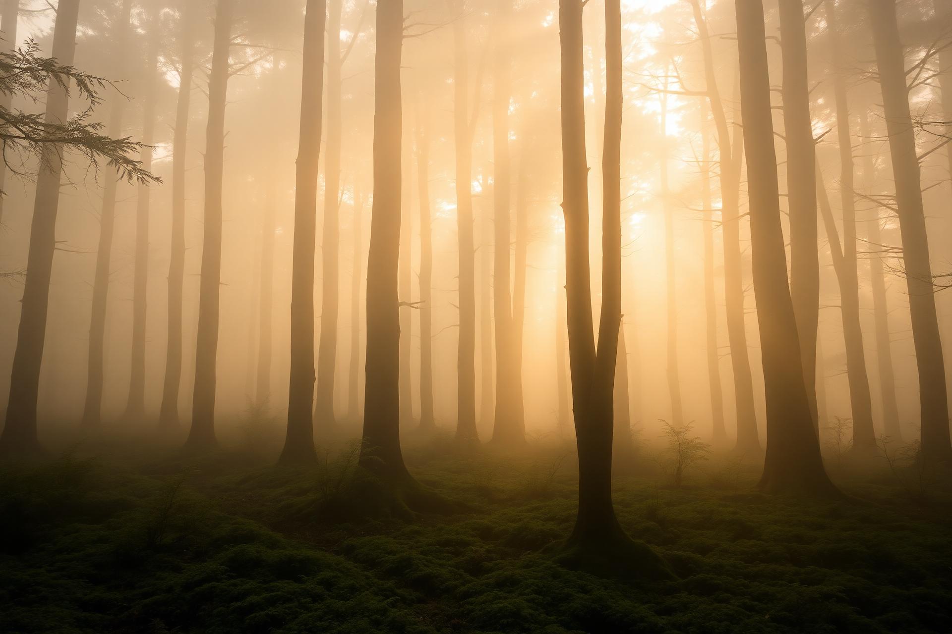 Misty forest at dawn